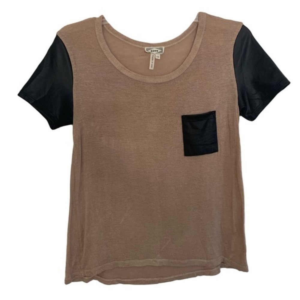 Brown Tee With Black Leather Pocket and Sleeves